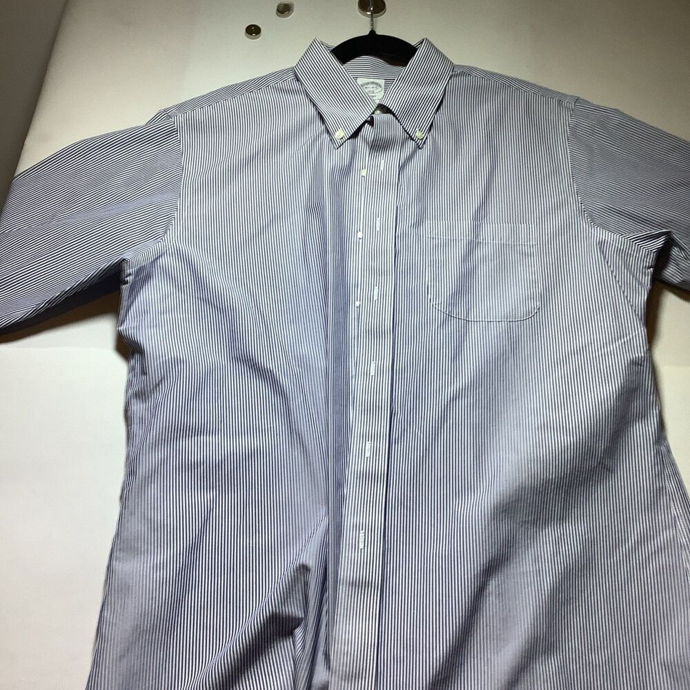 BROOKS BROTHERS SHIRT, Men's 16.5 x 4/5WHITE Blue Striped, NO IRON, Pocket